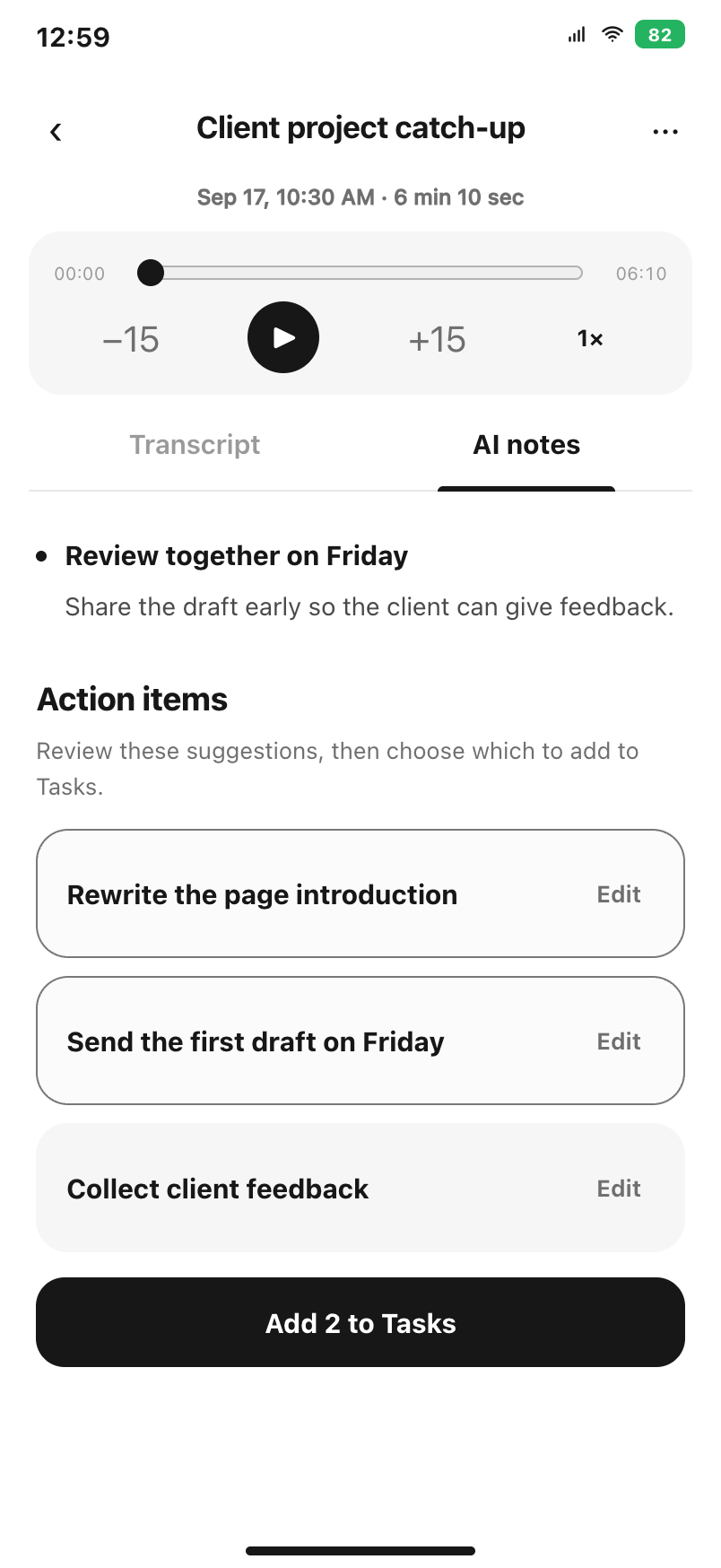 Example AI notes with selectable action items