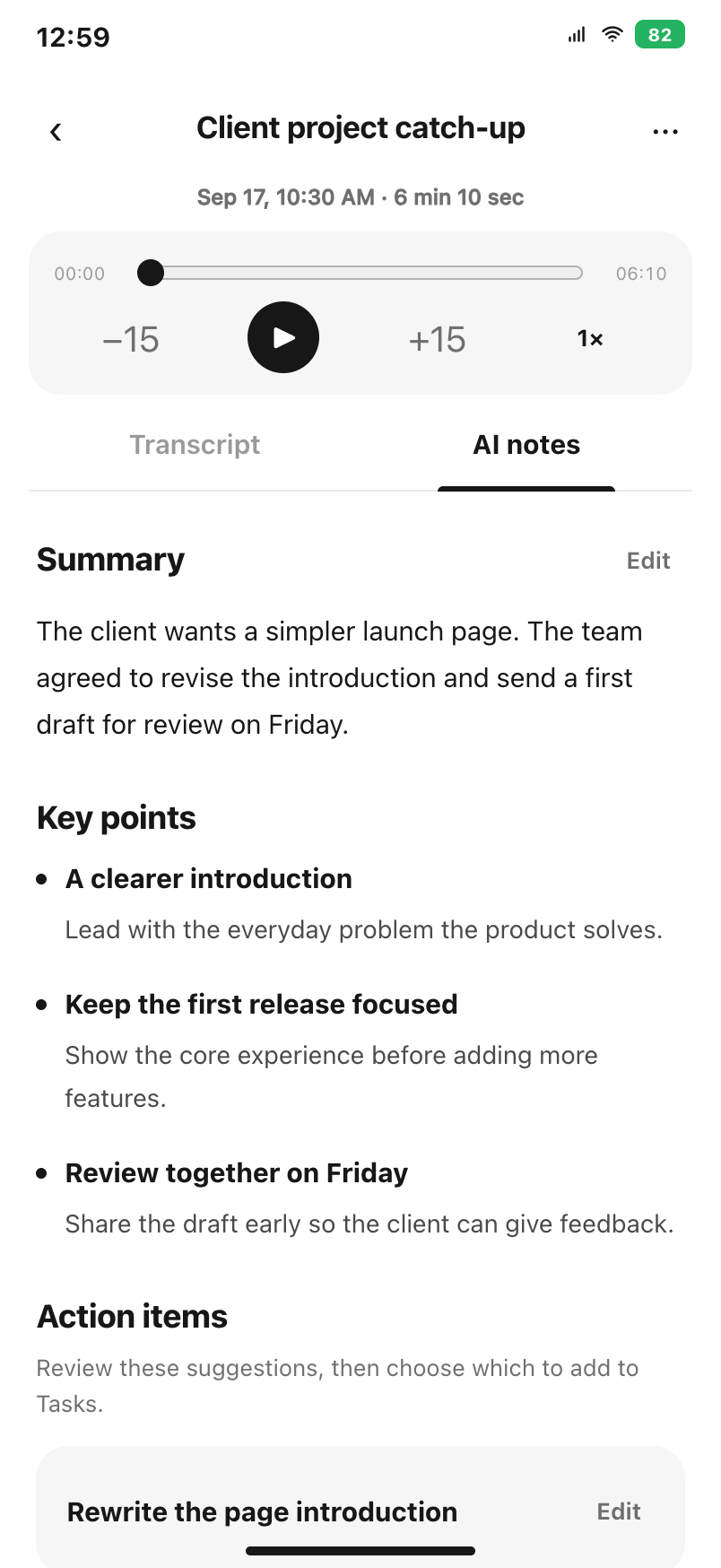 Example English AI meeting notes in the 1Press app